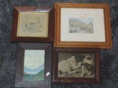 A watercolour, lake scene, 19 x 13cm, plus frame and glazed, a pair of prints, after Geo Downing,