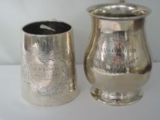 An Edwardian silver Christening tankard of baluster form having loop handle and inscription to