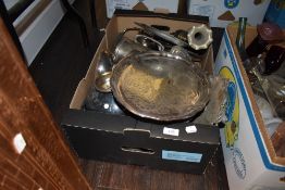 A box full of plated ware and similar, trays, vases and more amongst this lot.