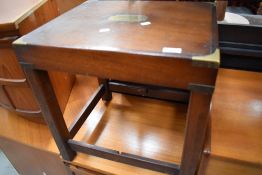 A campaign style occasional table, width approx. 50cm, depth 42cm H 50cm, brass corners and centre