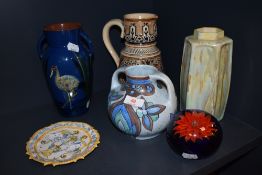 A varied lot of vintage ceramics including Flaxman ware vase and more.