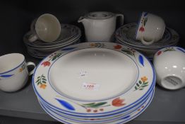 A selection of table and kitchen wares including Tienshan Stoneware mugs plates and bowls