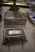 Two Japanese styled desk top items in plated copper a trinket case and similar pen and ink well with