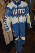 A set of retro Akito all in one motorcycle leathers.