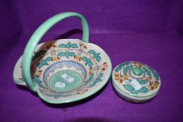 A Charlotte Rhead for Bursley ware basket and trinket dish with lid, both having pale grey ground