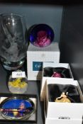 A selection of art glass including Caithness vase and paper weights