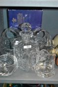 A selection of clear cut crystal glass wares including Waterford Corbin decanter