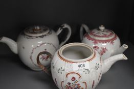 Three antique late 18th porcelain teapots each having hand decorated enamel scenes and historic
