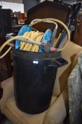 A bin of garden tools etc