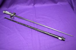 A French Lebel Epee Bayonet of 1886 with hook Quillon and scabbard, blade length 52cm, overall