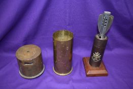 Three pieces of WW1 Trench Art, 18P Shell Case Money Bank, Souvenir from Lange Mark 1914-19, reverse