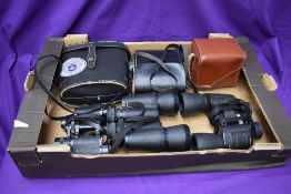 Five pairs of mixed vintage Binoculars including Kershaw, Mirinda etc along with a Kodak Box Brownie