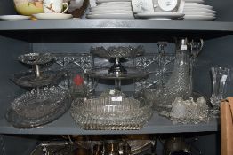 A collection of vintage pressed glass including cruet,dishes,decanter,tazza and more.