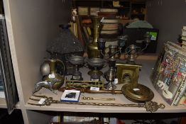 A selection of metal and similar plated wares including small brass replica fire place