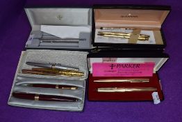A collection of pens including Sheaffer fountain pen,Parker 17 and more.