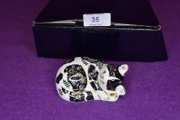 A Royal Crown Derby misty kitten paper weight having silver stopper,with box.