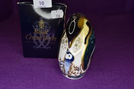 A Royal Crown Derby penguin and chick having gold stopper with box.