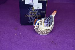 A Royal Crown Derby goldcrest paper weight having silver stopper,with box.