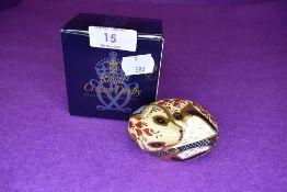 A Royal Crown Derby country mouse having gold stopper,with box.