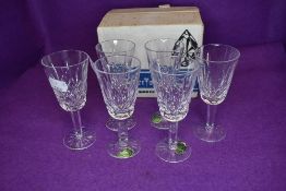 A set of six Waterford crystal glass sherry glasses in the Lismore design with box