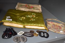Two hand painted hosiery cases an evening bag and a nice little lot of buckles and buttons.