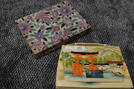 A vintage hand painted Chinese handbag,with harbour scene to front and volcano and seascape to
