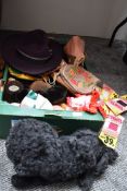 A box of mixed vintage and retro items and accessories including poodle pyjama cases, needlepoint