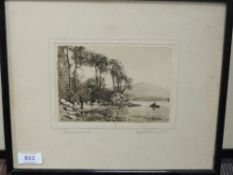 An etching, after Geo H Downing, Derwentwater, signed, 11 x 16cm, plus frame and glazed