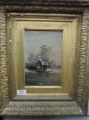 An oil painting, lake house, C19th, 22 x 14cm, plus frame