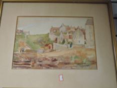 A watercolour, T B Adam, harbour scene, signed, 26 x 37cm, and a watercolour, E Leighton, Ireby