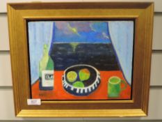 An oil painting on board, Feddon, still life, indistinctly signed, 20 x 26cm, plus frame