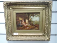 An oil painting, Marsland, cottage family, C19th, signed, 14 x 19cm, plus frame
