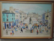 An oil painting, Janet Gatley, Kendal market, signed and dated 1988, 50 x 75