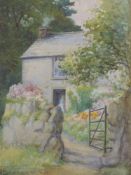 A watercolour, Brocklebank, cottage and garden, signed and dated 1944, 34 x 24cm, plus frame and