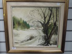 An oil painting on board, attributed to Judith da Fano (Manby), village winter scene, 34 x 38cm,