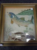 A hand sewn collage of a Salmon fish and fly approx 30 x 30cm