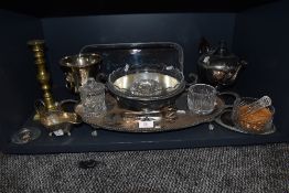 A mixed lot of plated ware, glass and similar including trays, pestle and mortar and more.