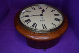 A mahogany cased Fusee wall clock, having hinged glass to front and roman numerals and 'Rhodes