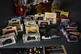 A shelf of modern diecasts including Corgi (China) Trackside, Lledo Days Gone, Oxford and similar,