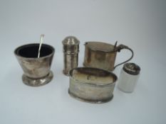 Five HM silver condiment items including salts, pepperette & mustard pot , one glass liner