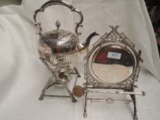 A Victorian Sheffield plate spirit kettle with burner and stand and a silver plated table gong of