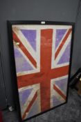 A framed Union Jack flag screen print on cotton back,signs of age possibly early 20th