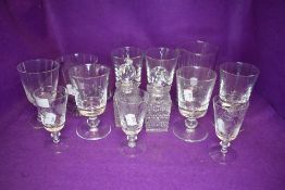 A selection of fine glass ware including set of six rummers and three etched cordial