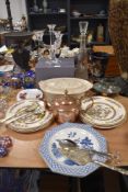 A mixed lot of items including flat ware, serving dish,tea pots, Villeroy and Boch candle stick
