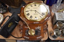 A Victorian mahogany cased wall clock having mother of pearly inlay with drop dial fusee movement