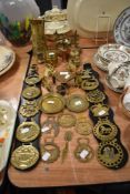 A selection of brass wares and horse brass show badges also fox letter rack