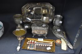 A selection of plated wares including dressing table items, tray, goblets and more.