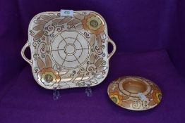 A Bursley ware Trellis pattern cake dish and a mushroom shaped posy holder, both having flower,