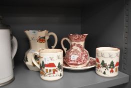 Three items of Masons 'christmas village' and a Vista jug, also included in a Spodes Tower plate.