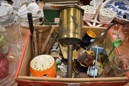 A box of miscellaneous vintage items including lemon squeezer in the form of an orange,pegs,egg